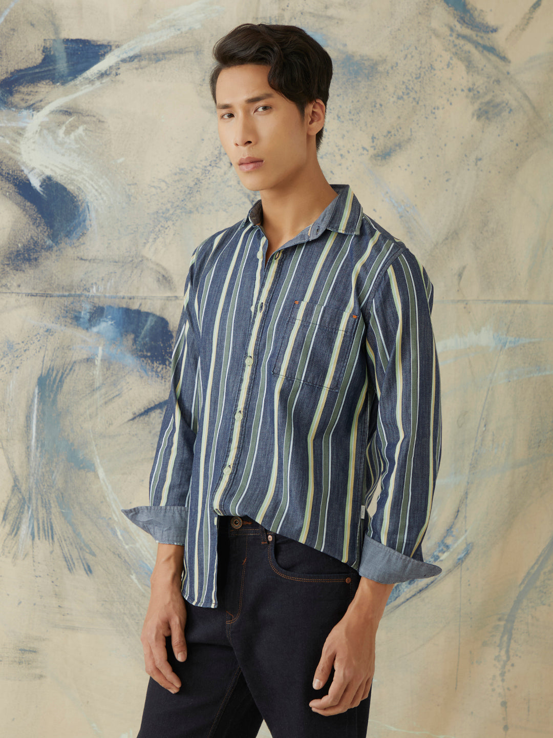 Vertical Stripes Button Down Denim Shirt