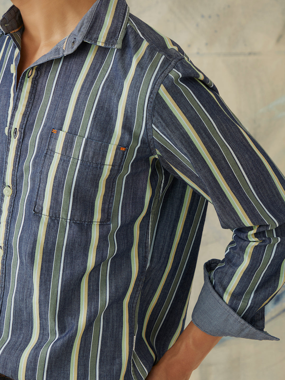 Vertical Stripes Button Down Denim Shirt