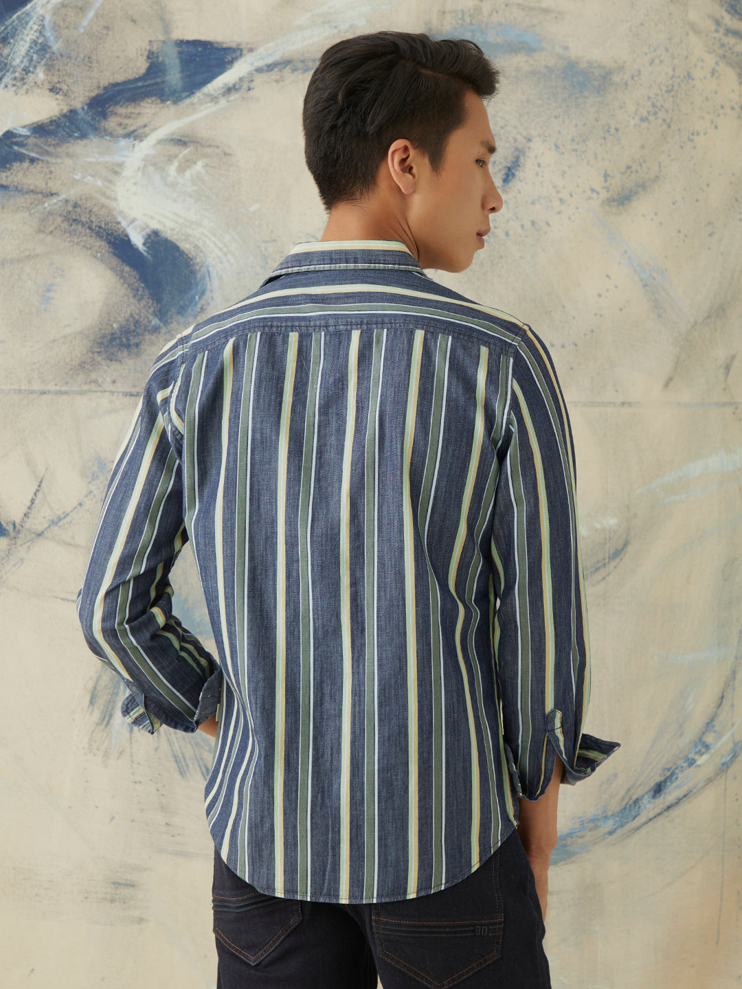 Vertical Stripes Button Down Denim Shirt