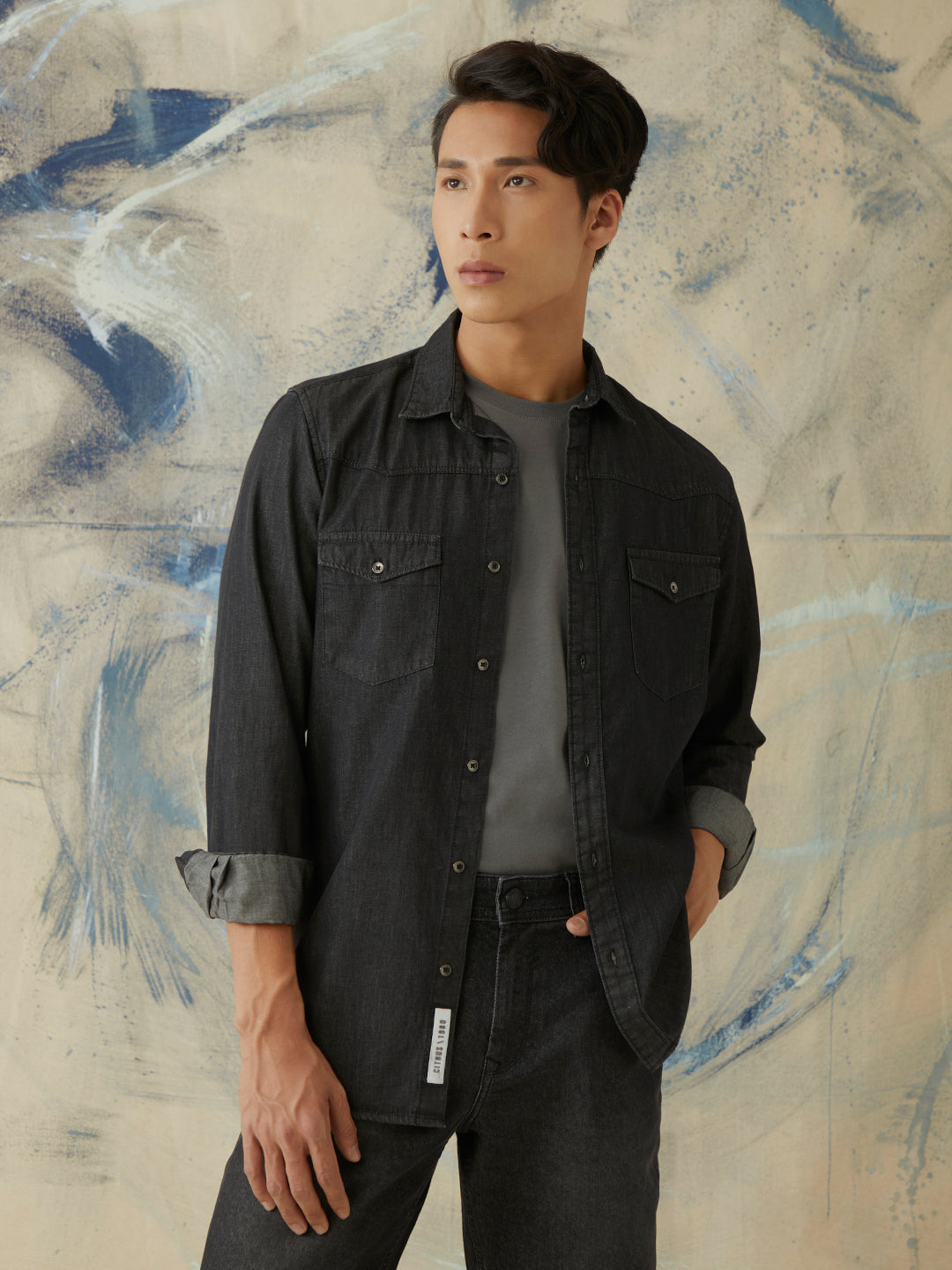 Black Plain Doube Pocket Denim  Shirt