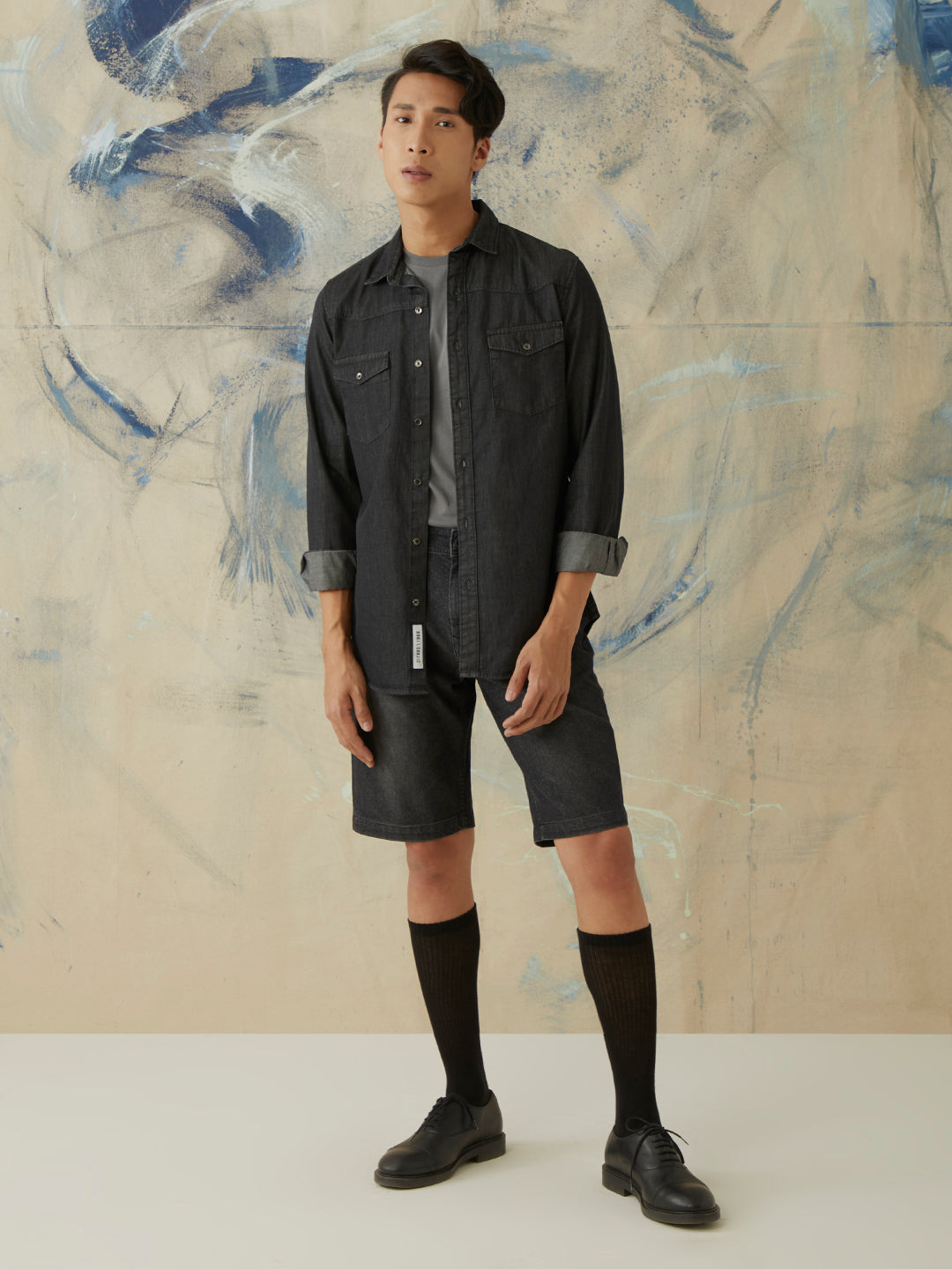 Black Plain Doube Pocket Denim  Shirt