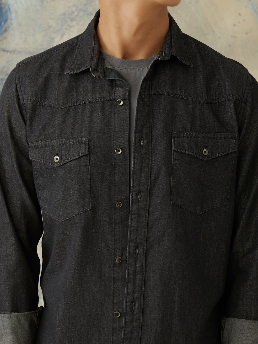 Black Plain Doube Pocket Denim  Shirt