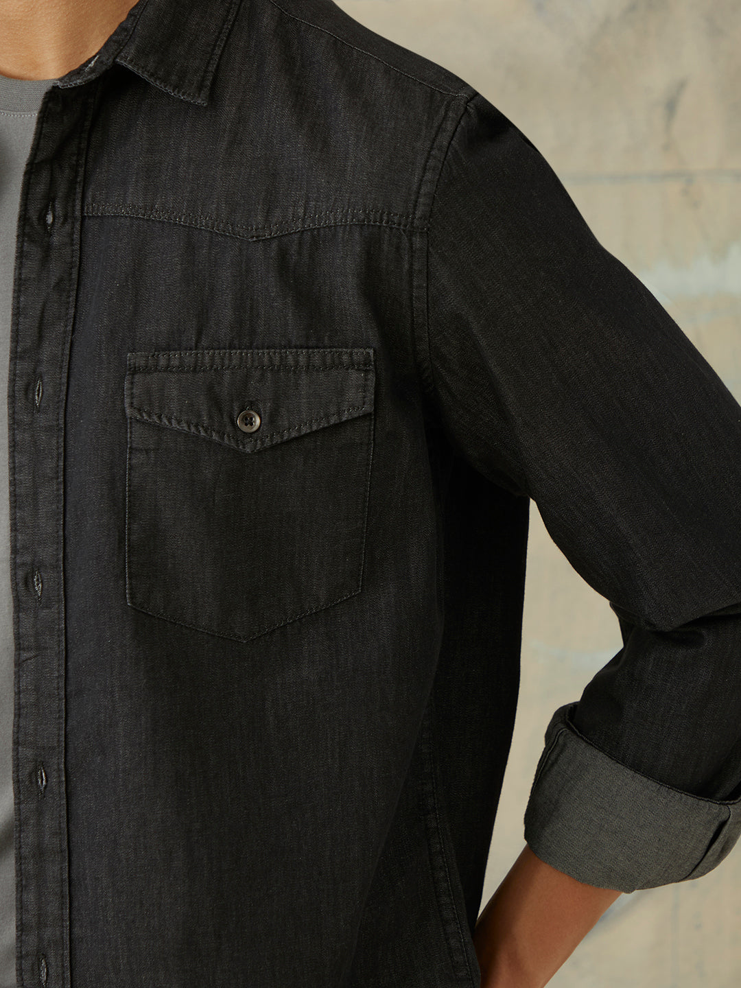 Black Plain Doube Pocket Denim  Shirt