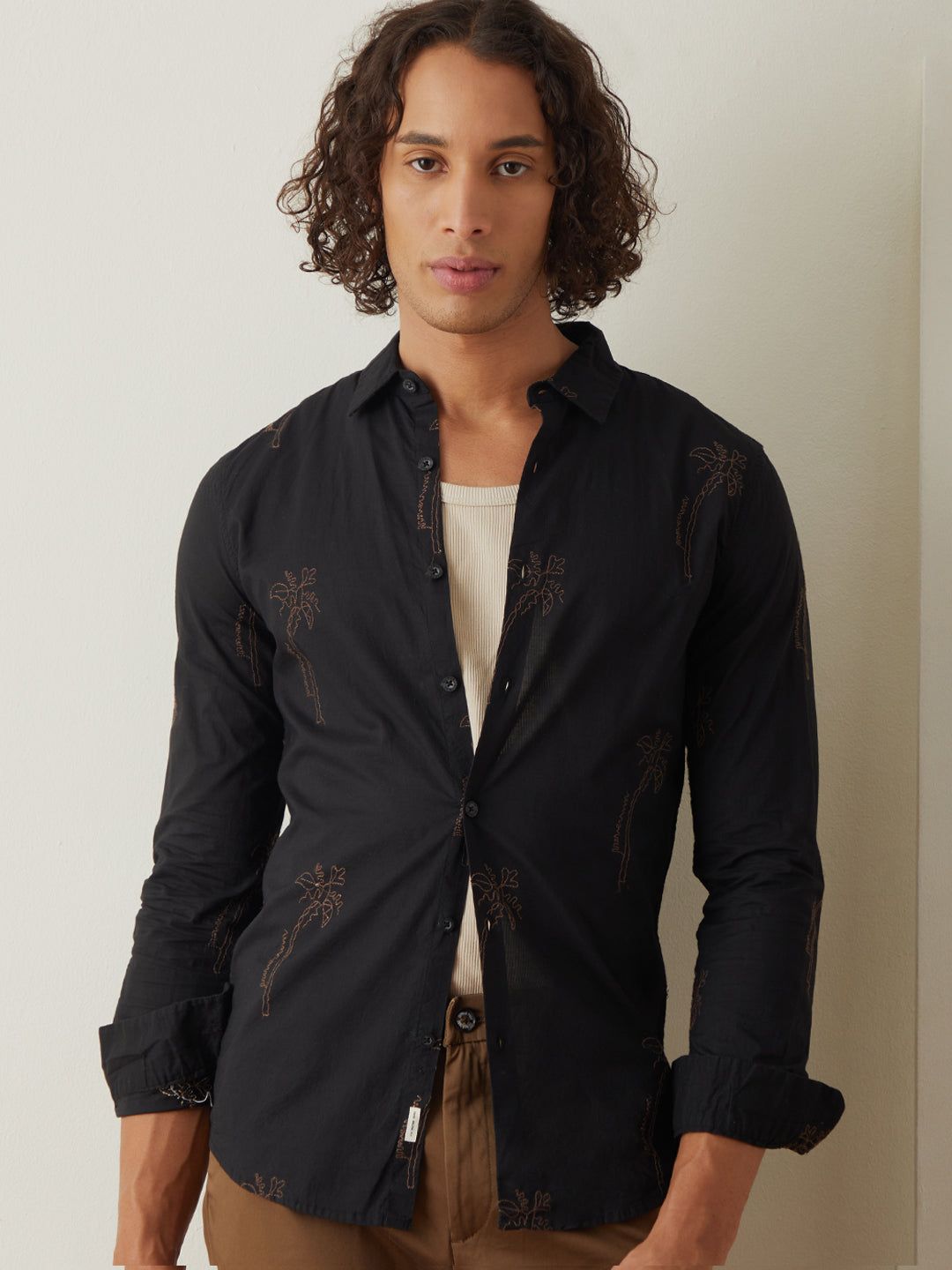 Black Embroidered Plain Casual Shirt