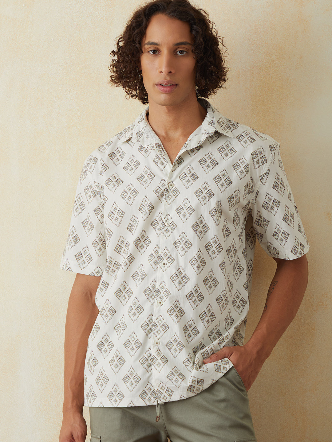 White Printed Half Sleeve Resort Shirt