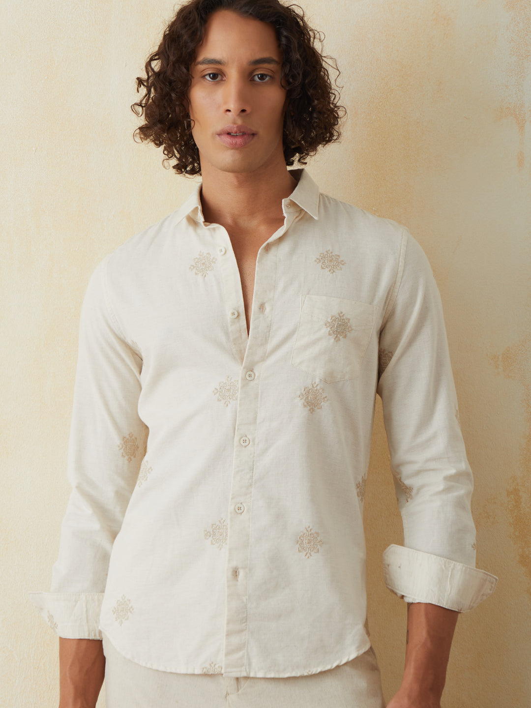 Natural Embroidered Plain Casual Shirt