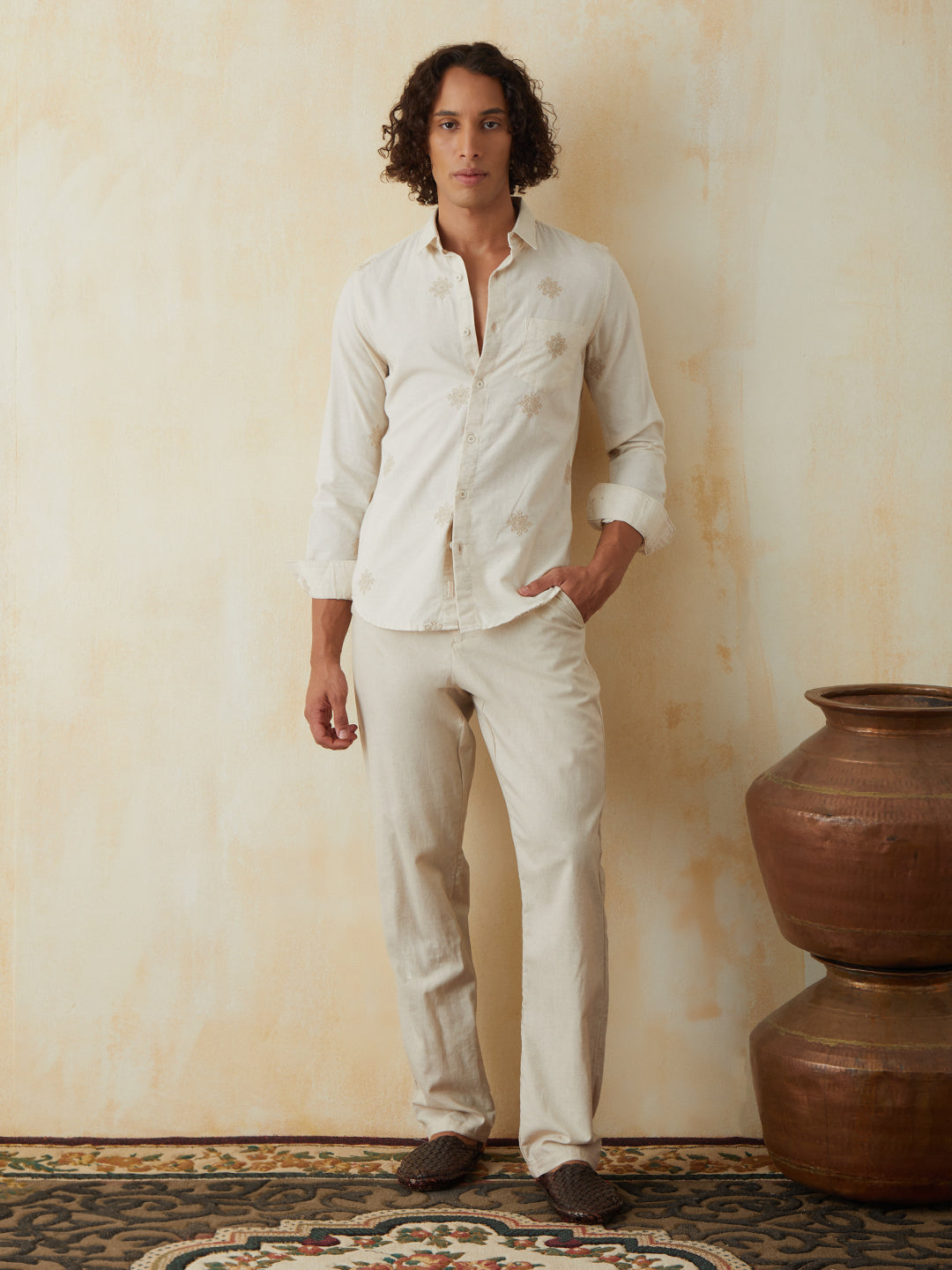 Natural Embroidered Plain Casual Shirt