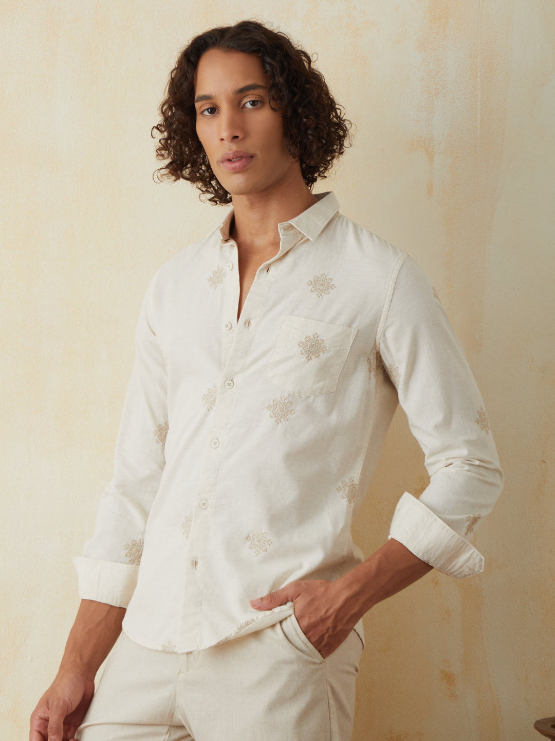 Natural Embroidered Plain Casual Shirt