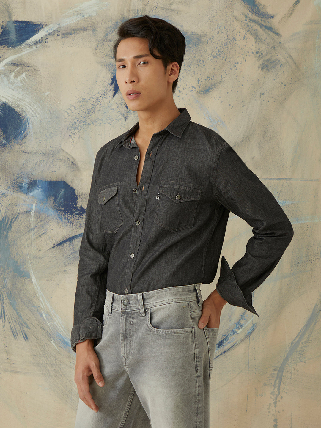 Black Plain Denim Shirt