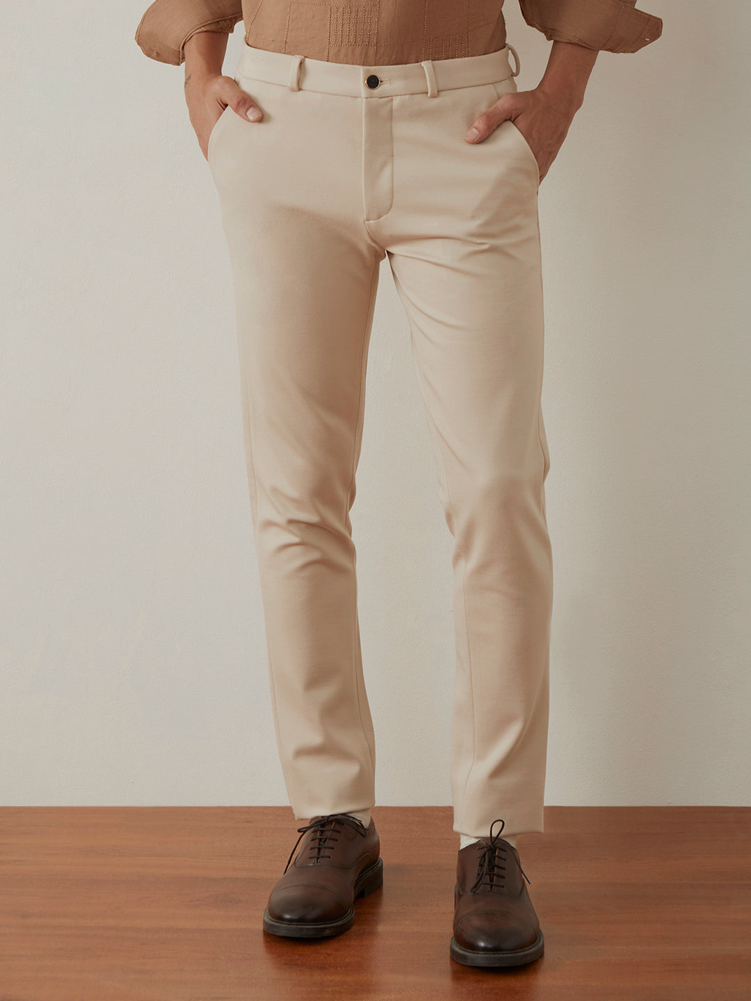 Cream Plain 4-Way Lycra Trousers