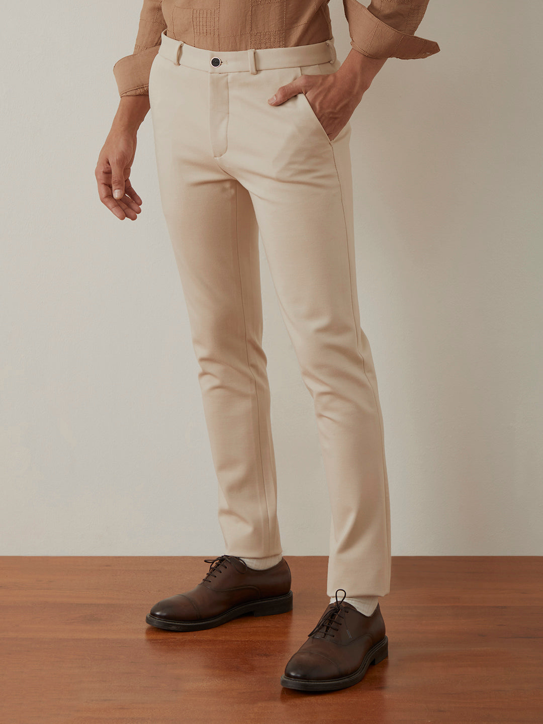 Cream Plain 4-Way Lycra Trousers