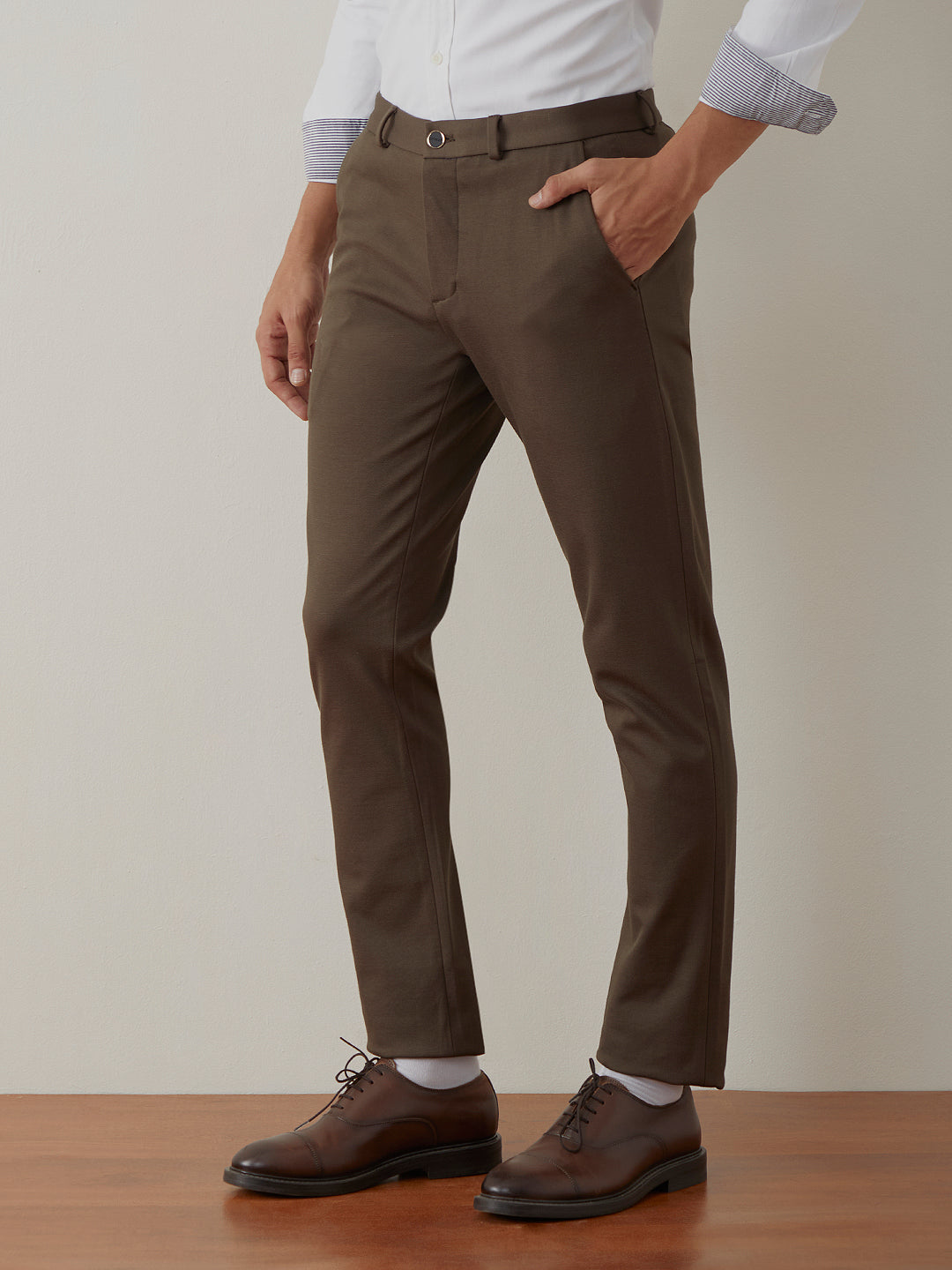 Dark Olive Plain 4-Way Knit Lycra Trousers