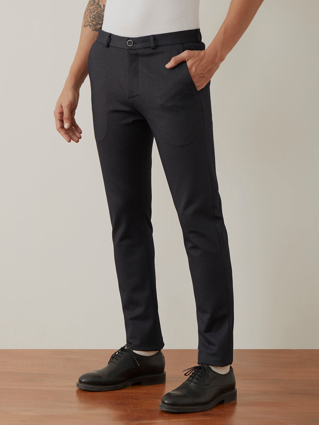 Navy Blue Plain 4-Way Knit Lycra Trousers