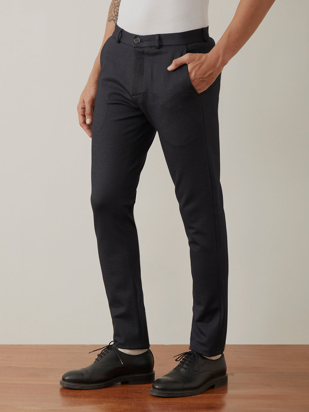 Navy Blue Plain 4-Way Knit Lycra Trousers