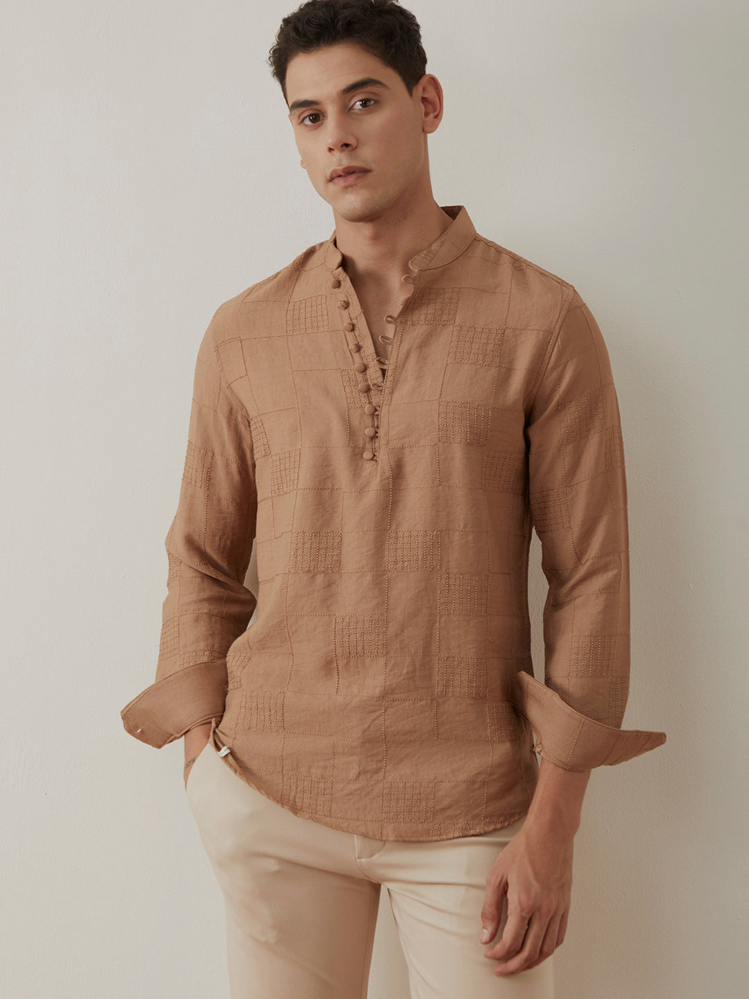 Brown Plain Button Loop Kurta