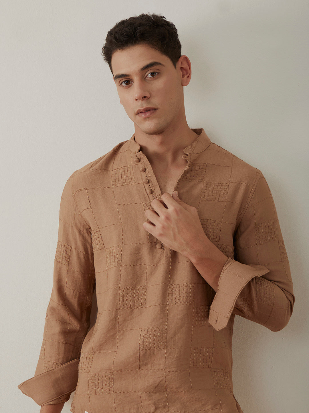 Brown Plain Button Loop Kurta