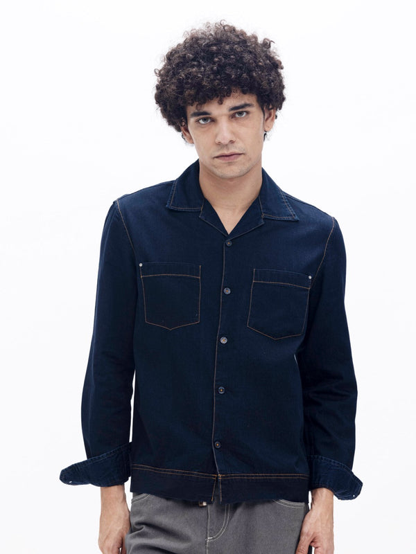 Navy Plain Double Pocket Denim Shirt