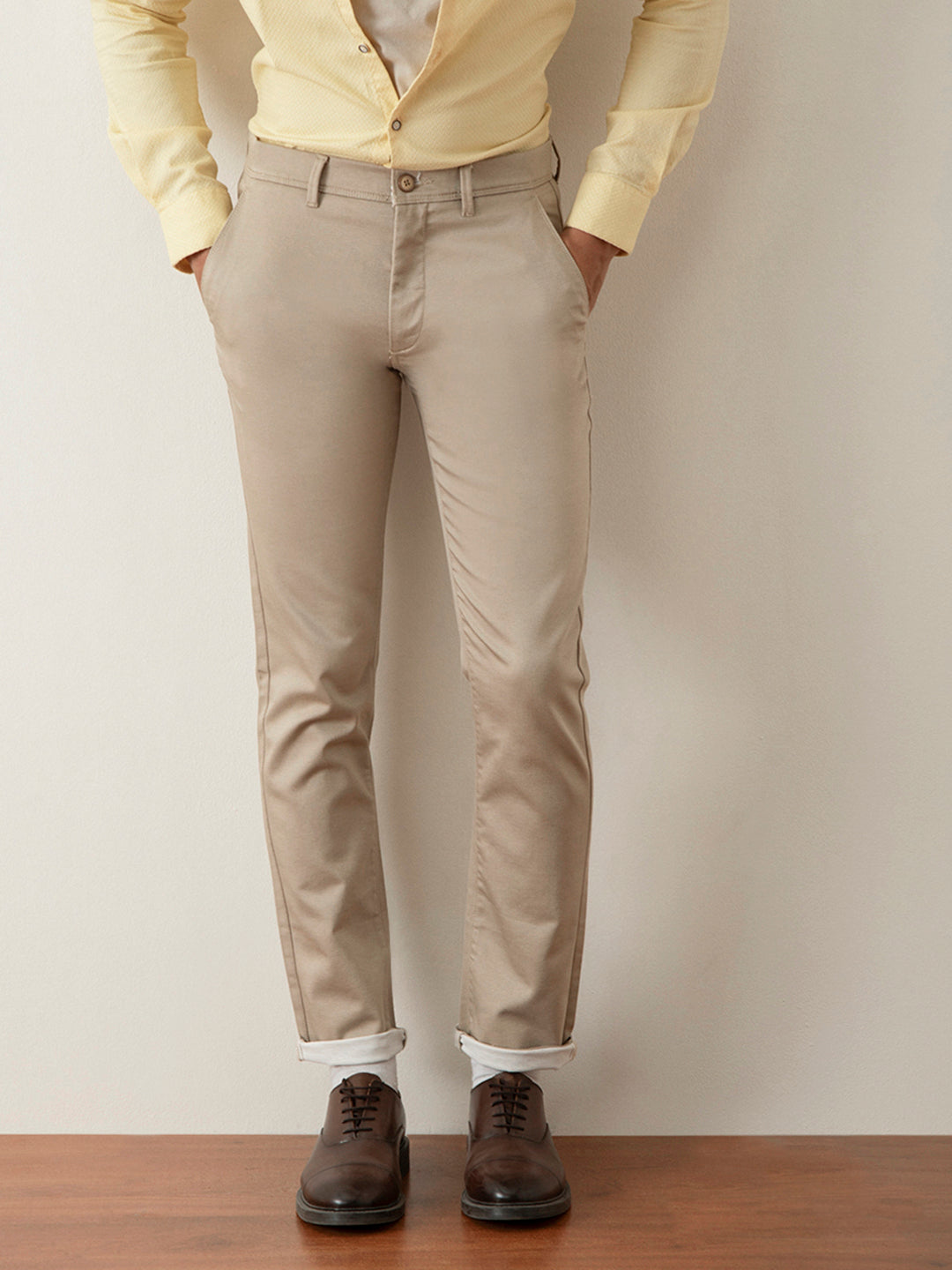 Beige Plain Slim Fit Trouser