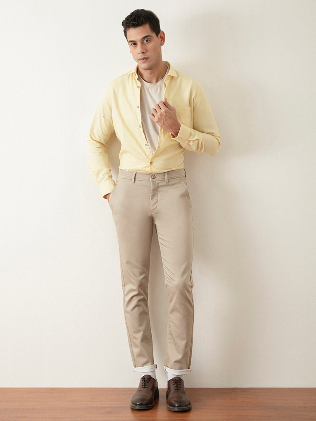 Beige Plain Slim Fit Trouser