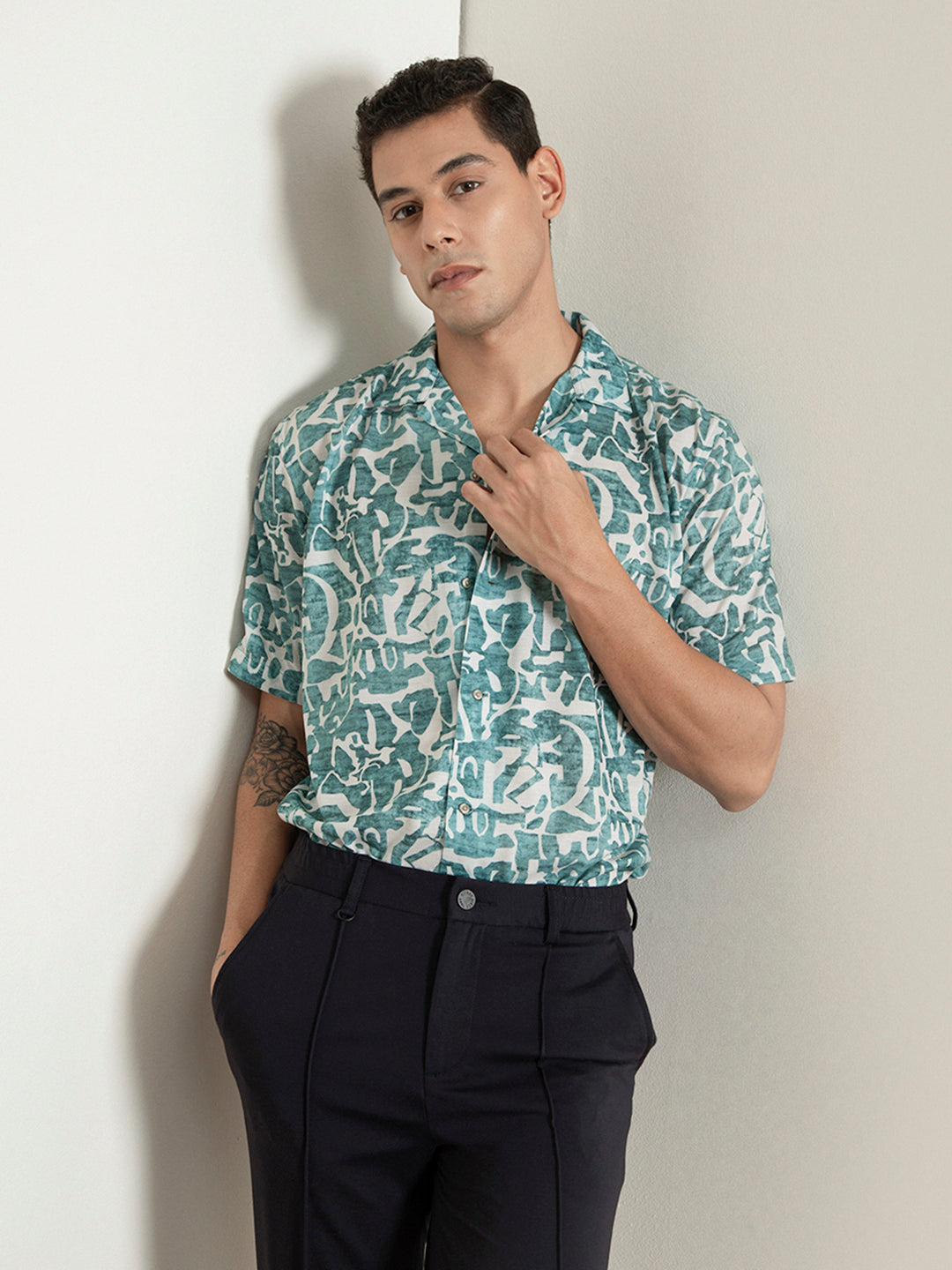 Green Print Camp Collar Resort Shirt