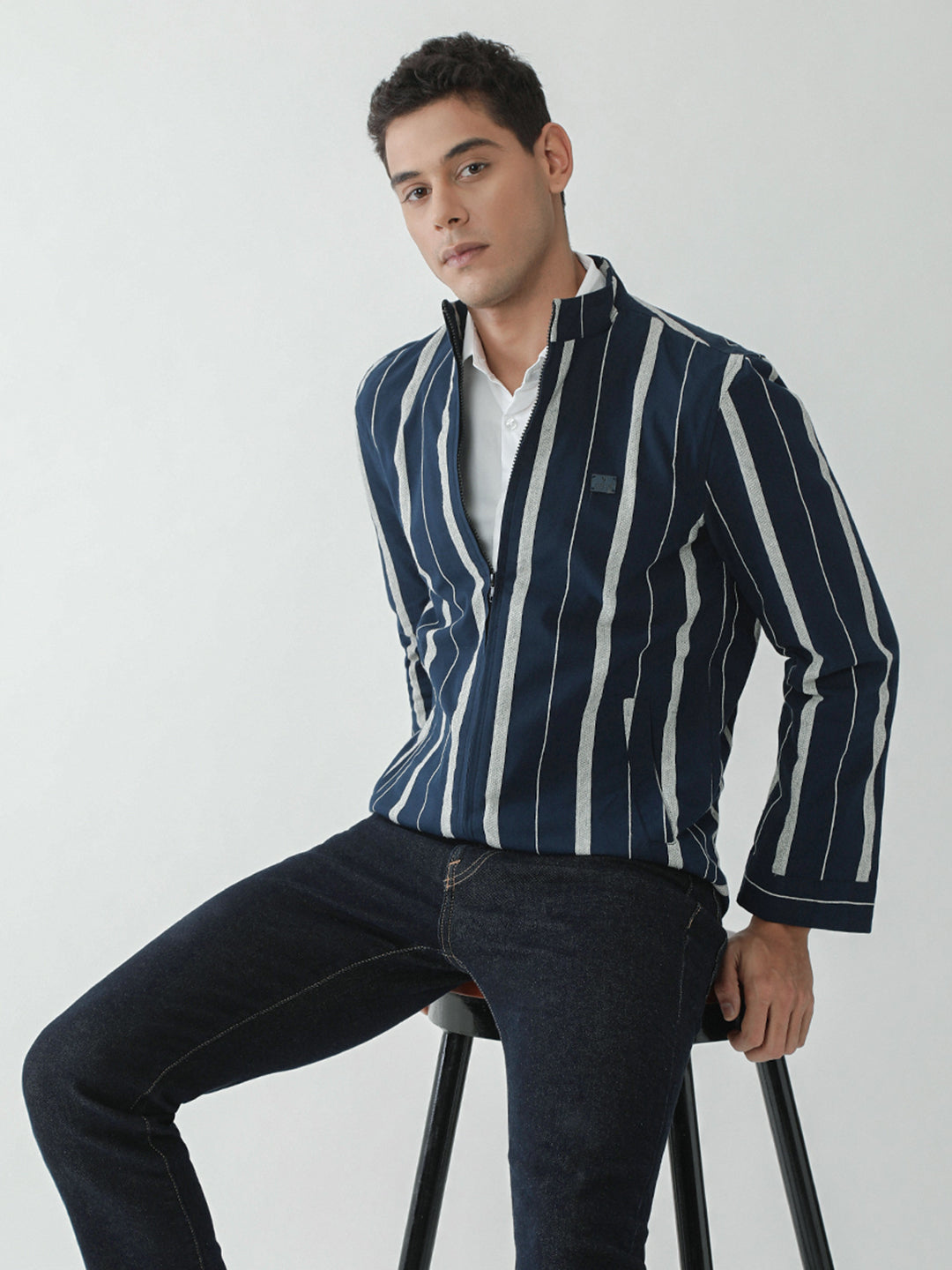 Navy Stripes Zipper Jacket