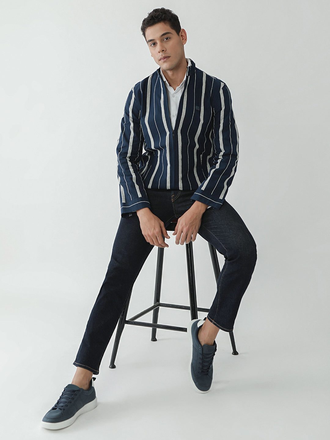 Navy Stripes Zipper Jacket